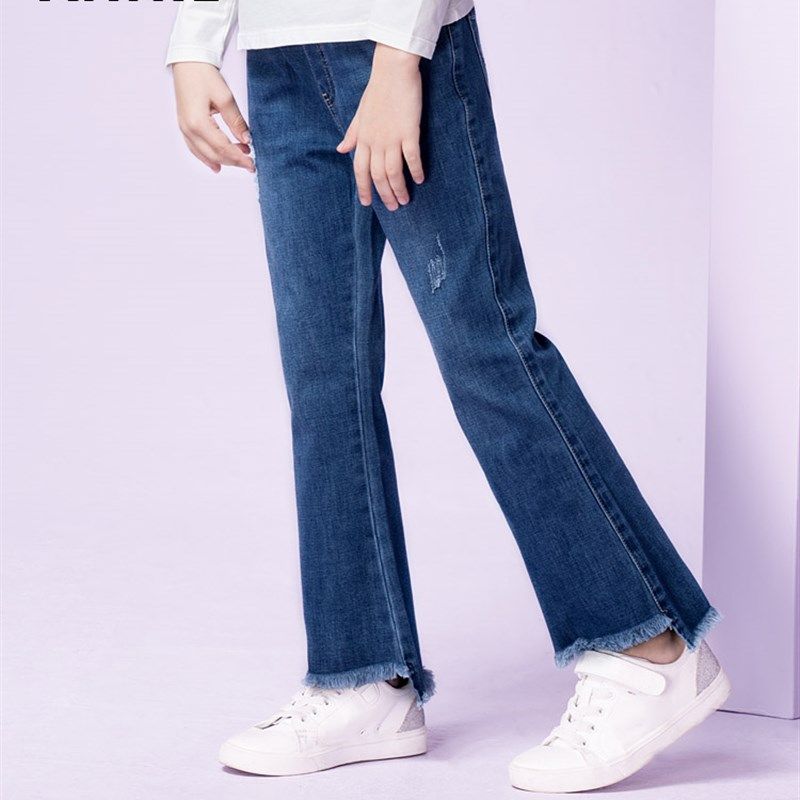 安奈儿童装女童微喇牛仔裤2024春秋装中大童休闲长裤弹力显瘦裤子