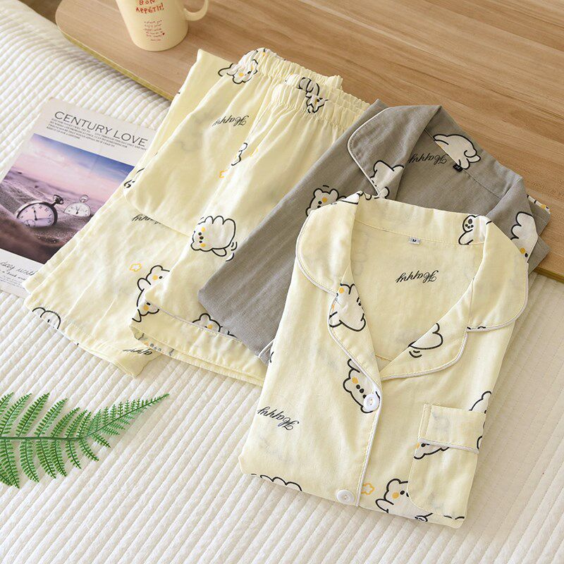 情侣纯棉纱布睡衣女三件套男短袖短裤长裤全棉开衫卡通可爱透气