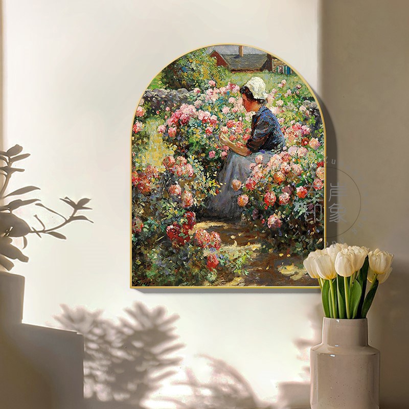 北欧印象派植物花卉风景拱形装饰画客厅房间玄关高档法式复古挂画图片