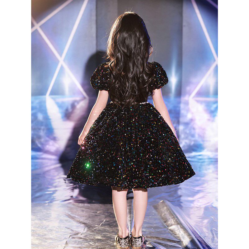 黑色晚礼服女童高端公主裙儿童朗诵主持人小提琴钢琴演奏表演出服