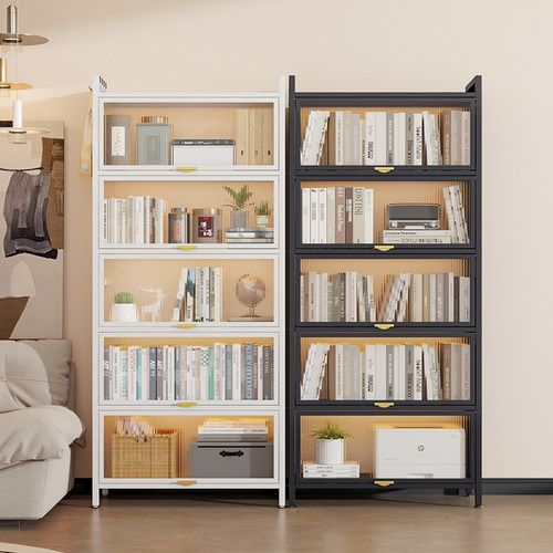 家用钢制儿童书架多层落地置物架客厅铁艺上翻门防尘书柜置物架