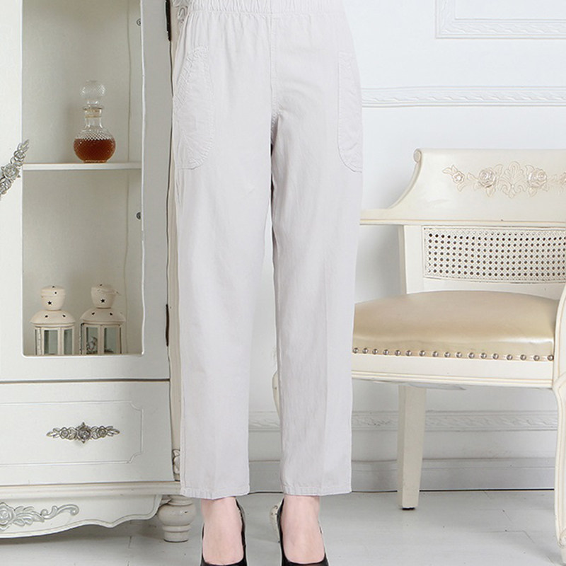 夏季中老年人女纯棉休闲裤全棉薄款妈妈九分裤直筒宽松高腰长裤子
