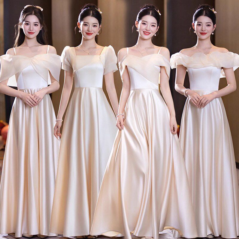 香槟色伴娘服2025新款高级感夏季姐妹团晚礼服女主持人连衣裙简约