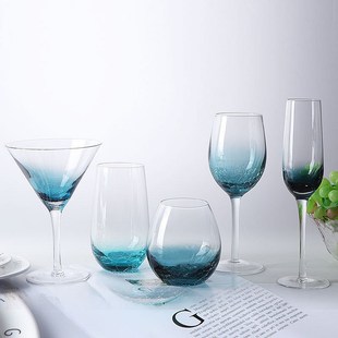 创意家用酒吧彩色冰裂渐变红酒杯高脚杯鸡尾酒香槟果汁玻璃水杯子