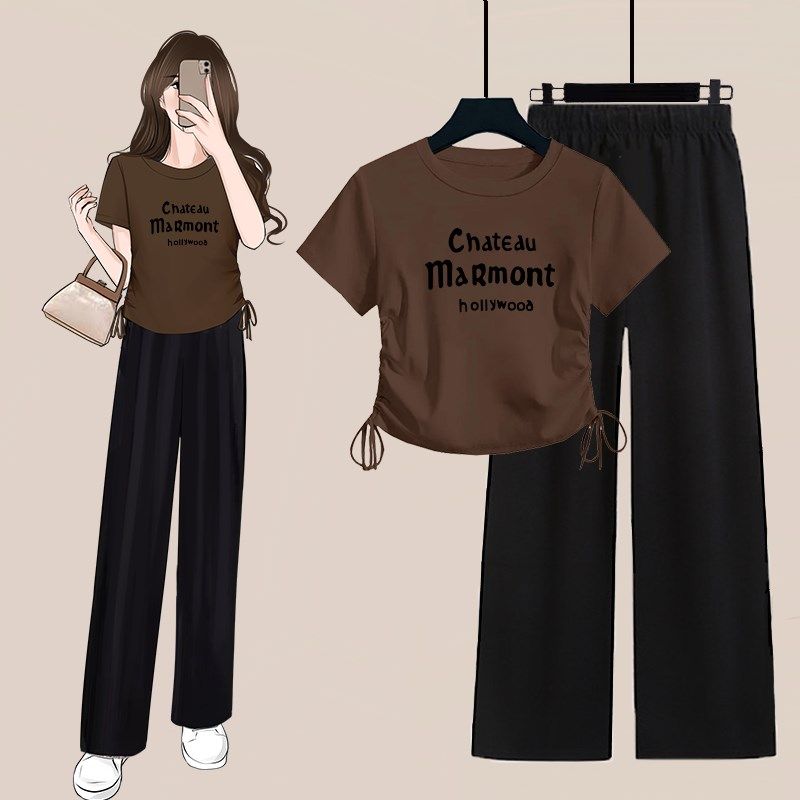 夏季温柔系穿搭一整套短款抽绳短袖T恤女上衣+垂直感阔腿裤两件套,女装/女士精品,时尚套装,淘宝优惠券,粉丝福利购,淘宝优惠卷