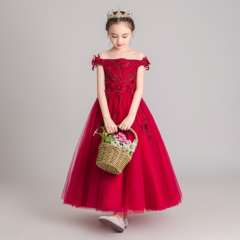 一字肩儿童礼服公主裙女童红色小女孩花童主持人钢琴演出服短款夏