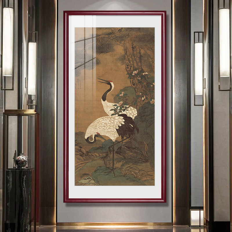 入户玄关画松鹤延年挂画新中式客厅装饰画楼梯走道壁画仙鹤寿桃图