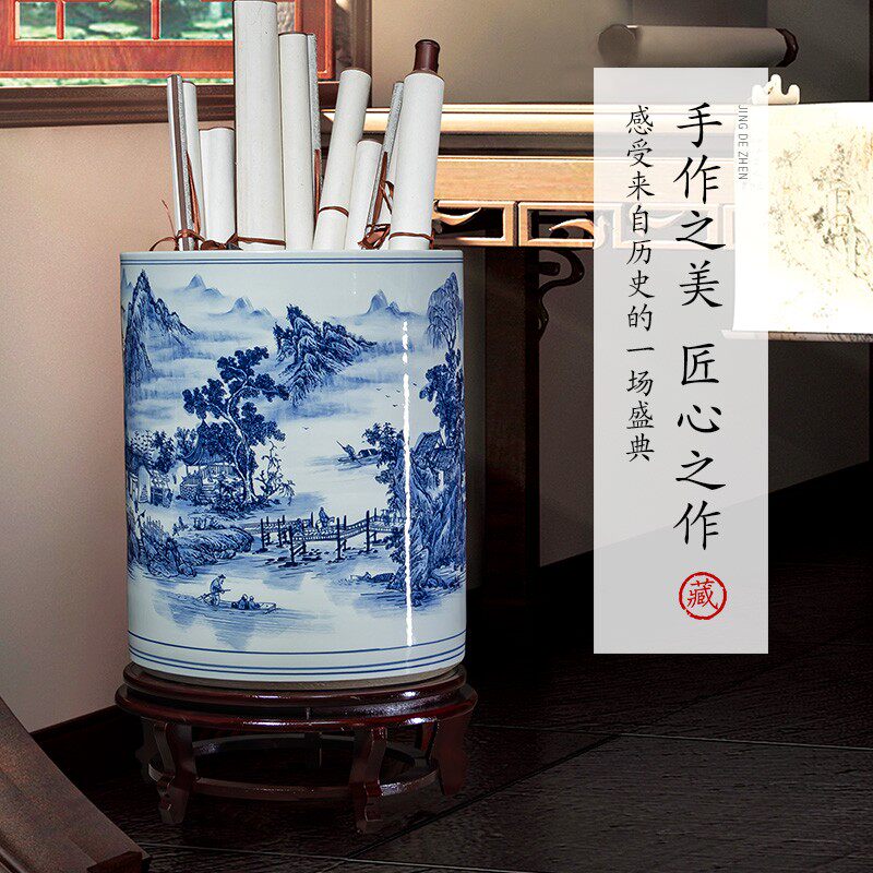 景德镇陶瓷字画缸卷轴缸字画桶箭筒青花瓷花瓶新中式客厅书房摆件
