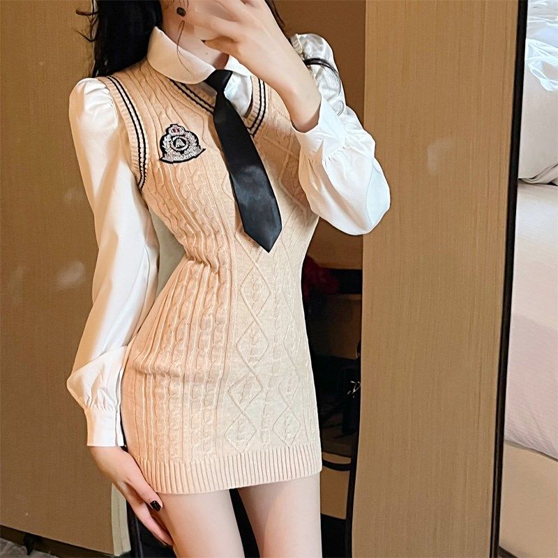 学院风jk制服甜酷小个子衬衫针织马甲收腰连衣包臂裙套装女春秋冬