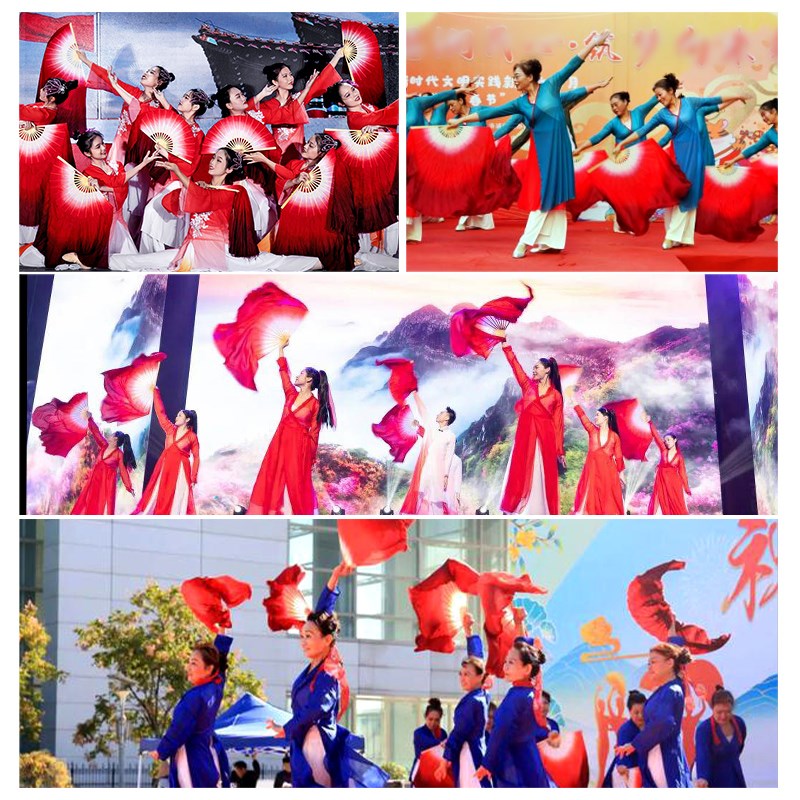 真丝万疆舞蹈成人广场考级大双面深红色加长胶州秧歌丝巾跳舞扇子