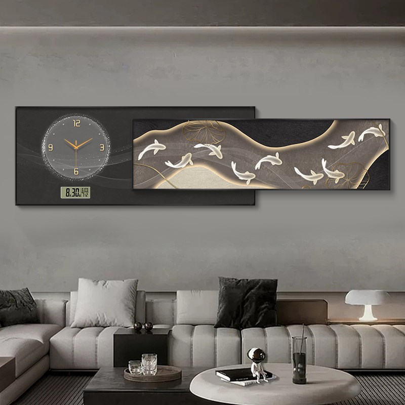 客厅装饰画九鱼图带时钟沙发背景墙钟表挂钟壁画新款大气晶瓷挂画图片