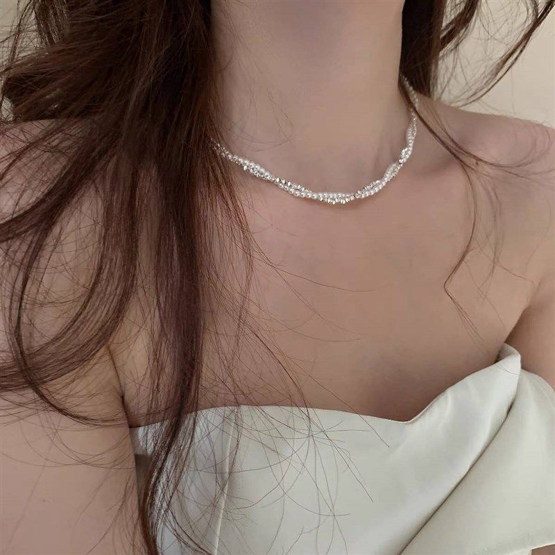 爆闪碎银子项链 双层碎银子拼接珍珠麻花颈炼设计轻奢百搭锁骨链