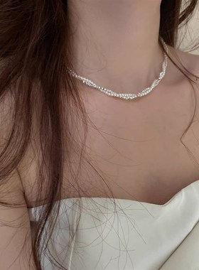 爆闪碎银子项链 双层碎银子拼接珍珠麻花颈炼设计轻奢百搭锁骨链
