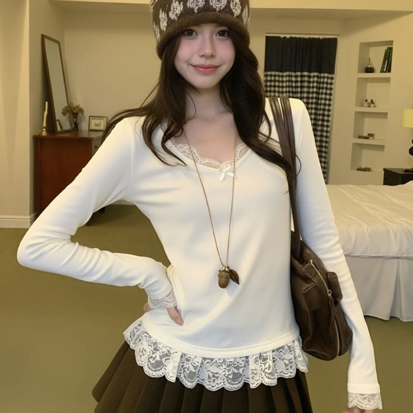 韩系v领长袖t恤女秋冬穿搭蕾丝拼接纯色打底衫修身显瘦纯欲风上衣,女装/女士精品,T恤,淘宝优惠券,粉丝福利购,淘宝优惠卷