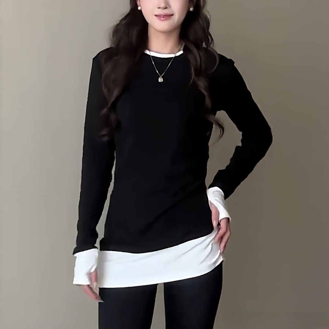 黑色磨毛不规则假两件打底衫女2025新款秋冬内搭高级感中长款上衣,女装/女士精品,T恤,淘宝优惠券,粉丝福利购,淘宝优惠卷