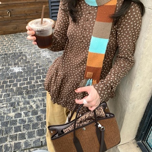 荷叶边咖色圆领长袖磨毛T恤女秋冬修身内搭设计感中长款打底上衣