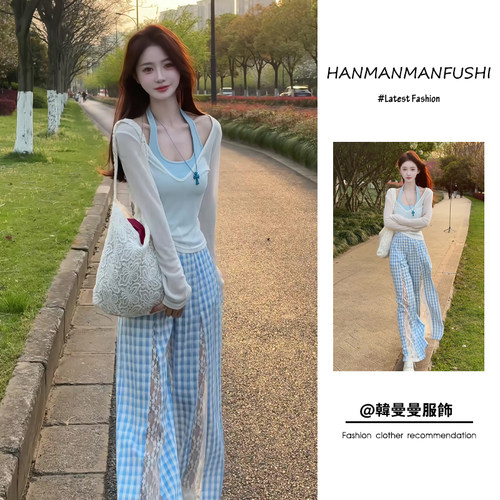 夏季罩衫吊带格子蕾丝阔腿长裤女