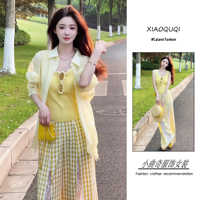 今年流行穿搭一整套2025新款韩版高级感衬衫蕾丝背心阔腿裤三件套