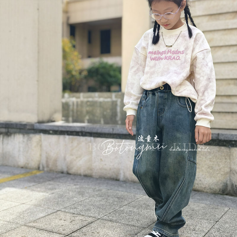 波童木女童加绒牛仔裤百搭宽松2025韩版冬季一体绒休闲时尚弯刀裤