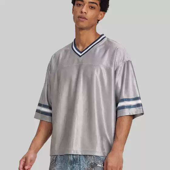 Five Men American-Style Short Wide Retro Color-Block Striped Jersey Short-Sleeve T-Shirt for Men, Loose V-Neck Sports Top Trendy