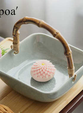 「浦poa」竹柄开片提篮陶瓷中式茶点干果水果糕点盘冰裂纹