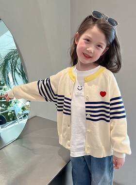 极速女童新款毛衣开衫2023儿童春秋洋派简约小童圆领常规条纹针织