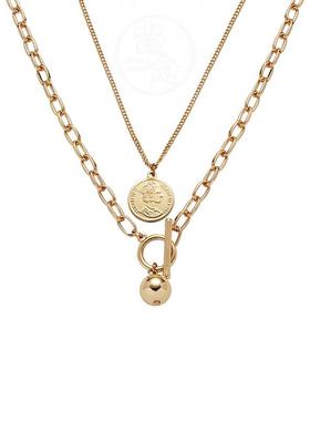 -Double-layer coin gold ball pendant necklace alloy jewelry