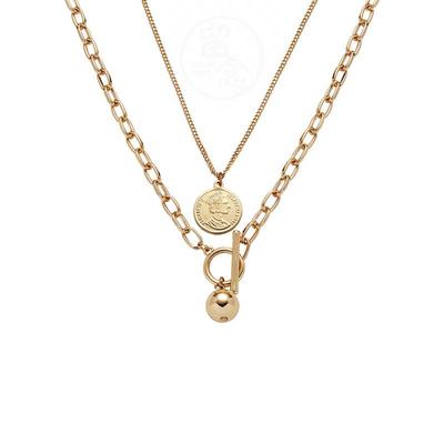 -Double-layer coin gold ball pendant necklace alloy jewelry