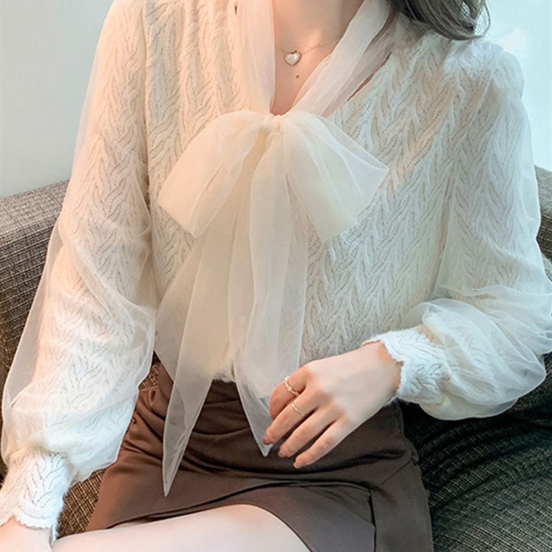 蝴蝶结衬衫女长袖春秋2024新款设计感小众衬衣蕾丝网纱打底衫上衣