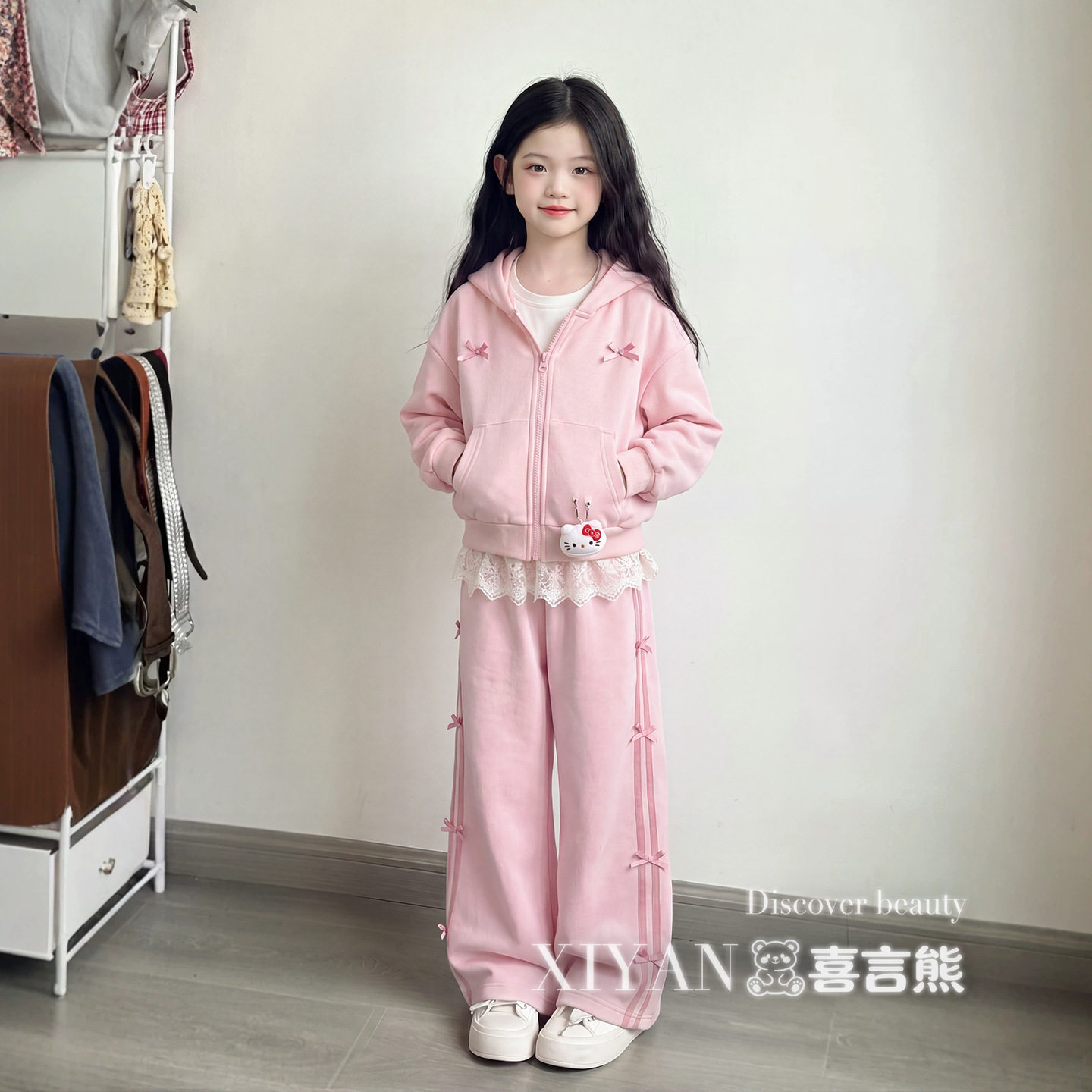 女童春秋粉色甜美外套裤套装