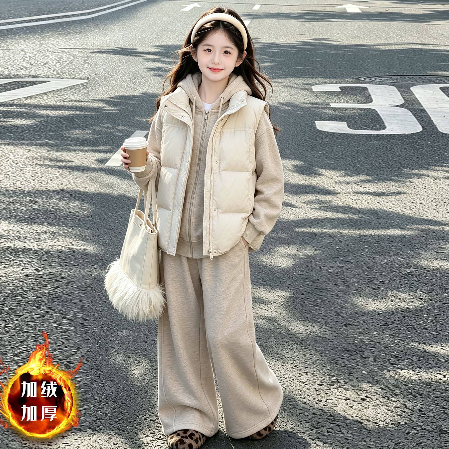 女童秋冬加厚连帽棉马甲三件套