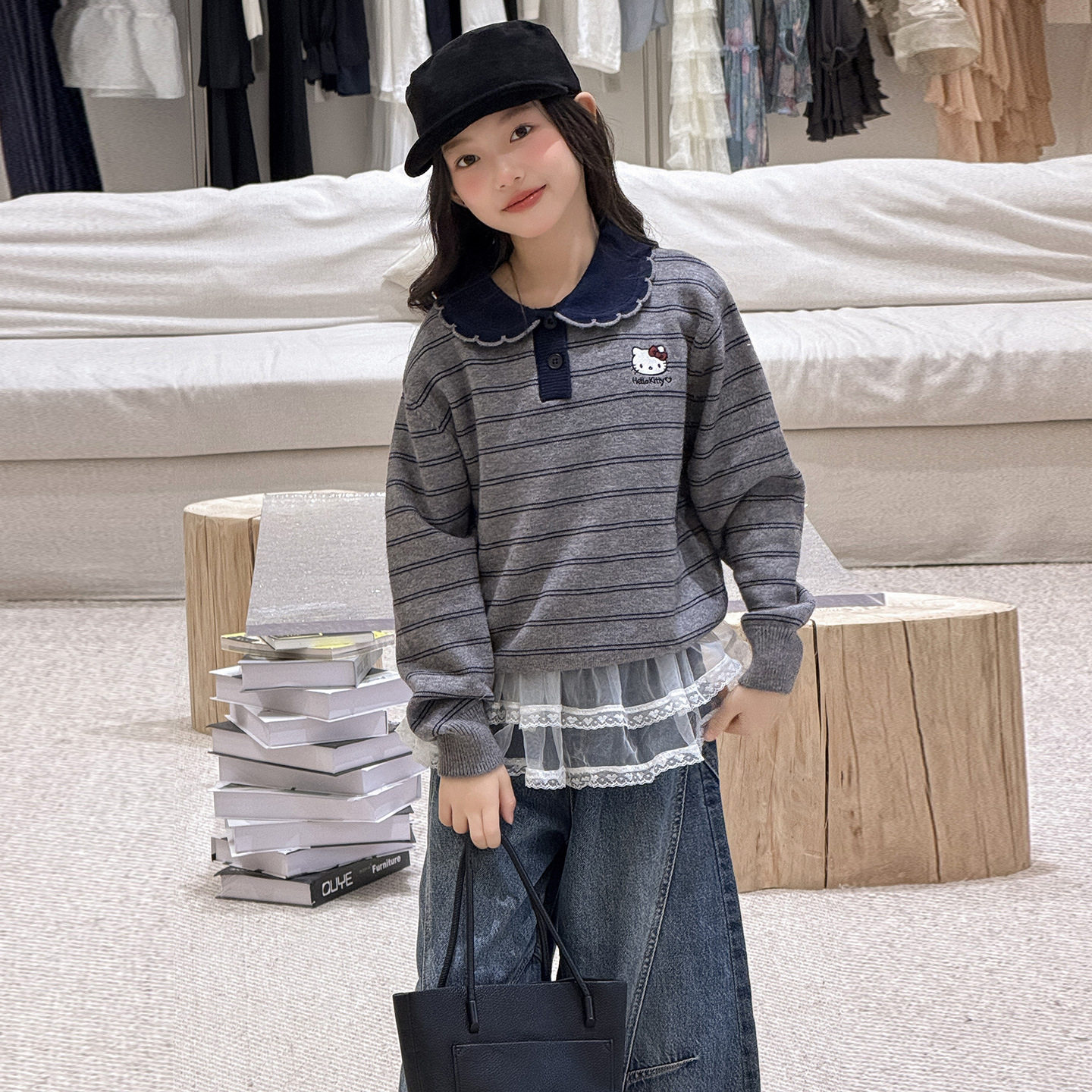 儿童娃娃领针织衫女孩上衣