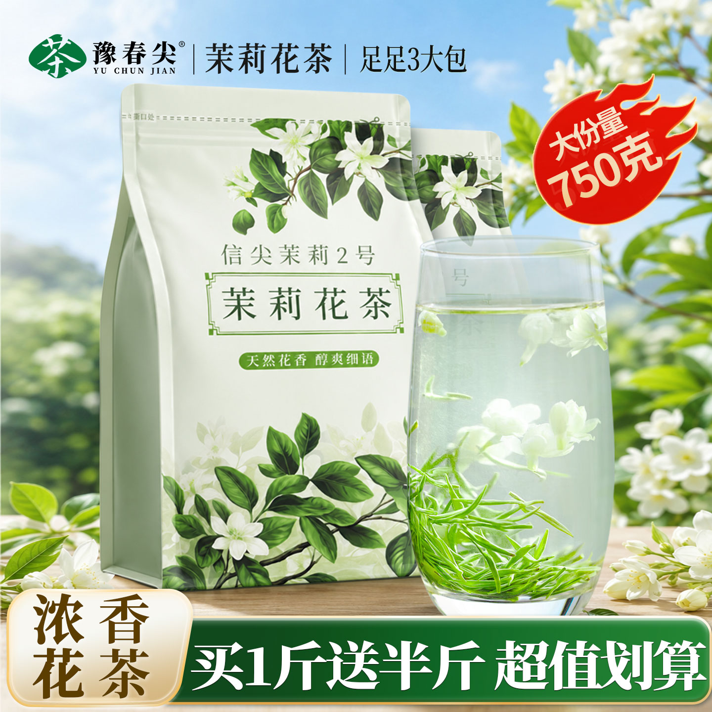 买一斤送半斤茉莉花茶茶叶2026新茶茉莉毛尖浓香一级茉莉飘雪绿茶