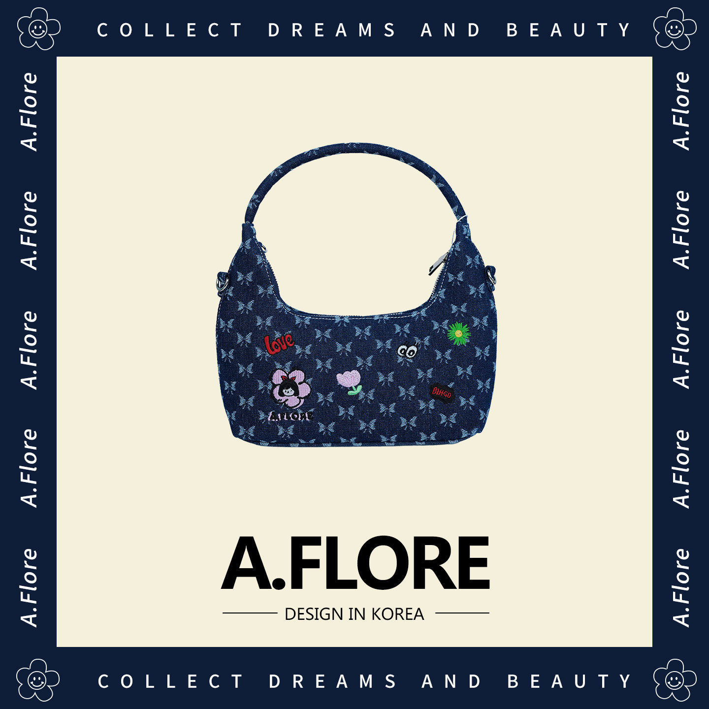 A.FLORE原创牛仔刺绣腋下包