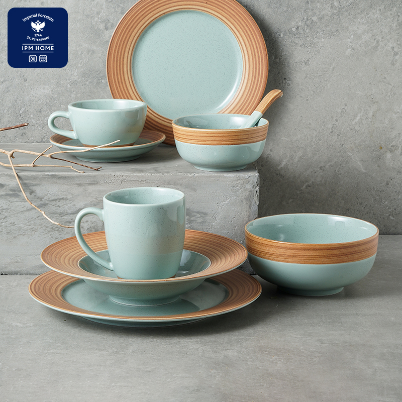 IPM HOME俄皇木纹Wood系列松石绿陶瓷碗盘碟北欧一人食餐具套装