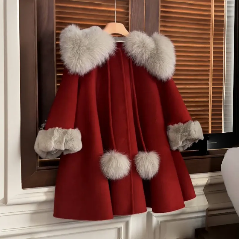 童装女童冬季呢子加绒大衣儿童宝宝秋冬洋气披风斗篷外套