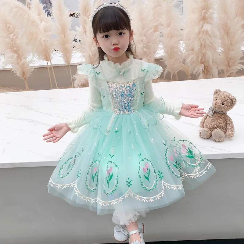 高端安娜公主裙儿童秋冬毛衣裙子冰雪奇缘艾莎女童长袖礼服连衣裙