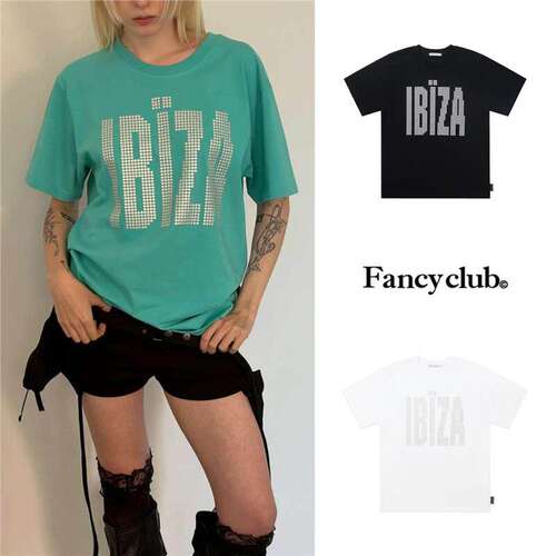 26夏 FANCY CLUB 韩国设计师 IBIZA 字母烫珠休闲宽松短袖T恤