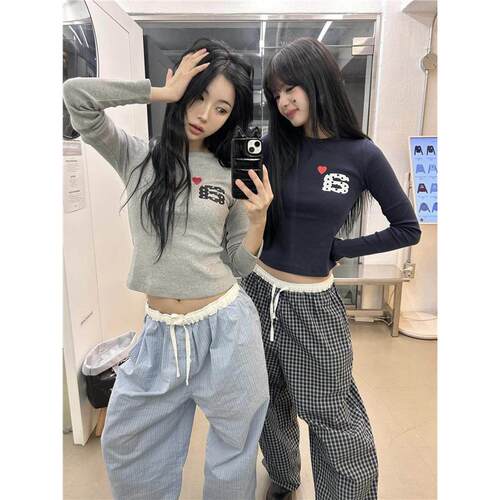 【正品】aeae爱心字母长袖t恤女夏显瘦修身短款纯棉正肩上衣