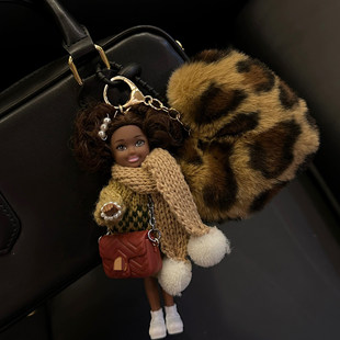 英国SNIDELLEE包包挂件复古黑皮爆炸头娃娃钥匙扣豹纹毛衣钥匙扣