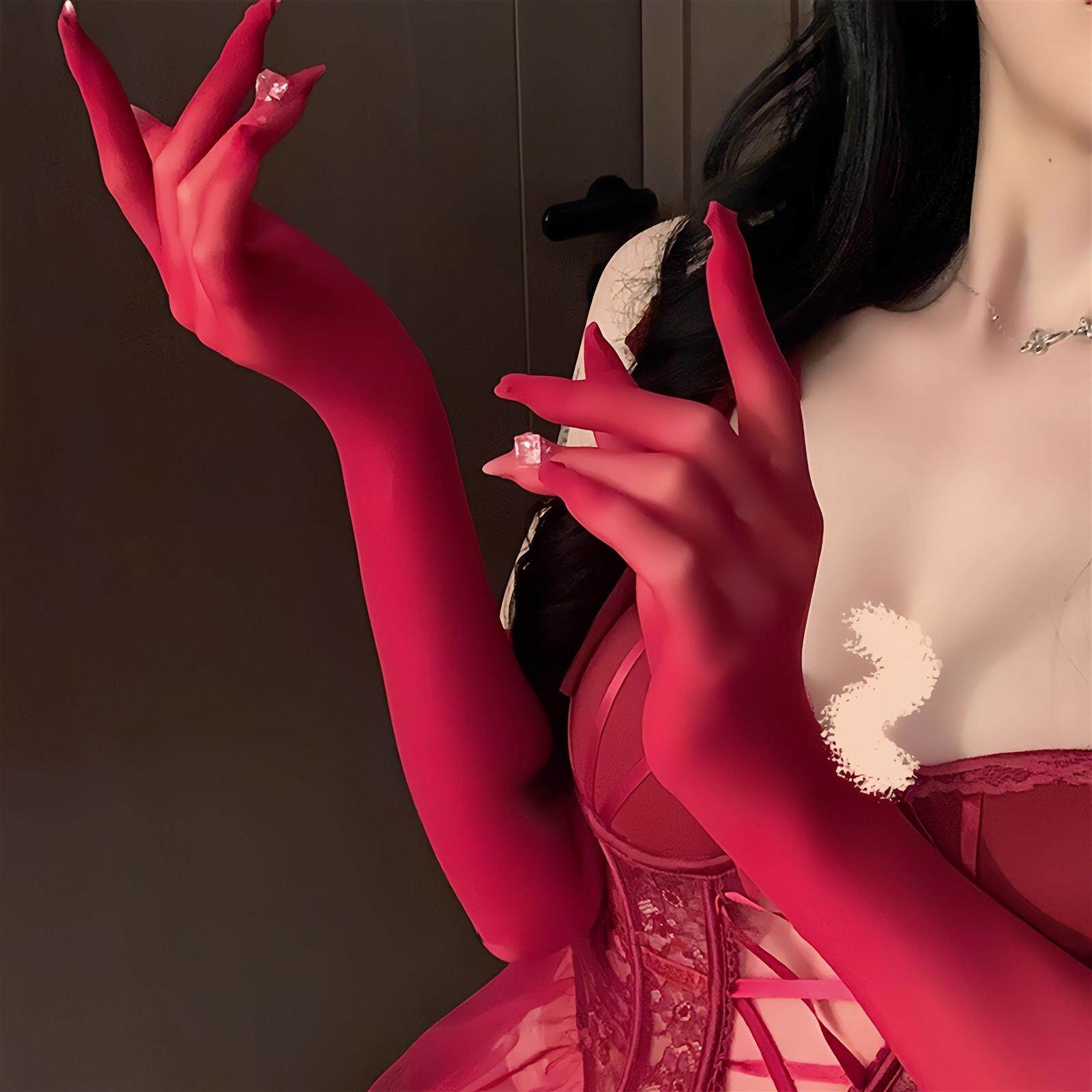 红色丝袜手套新娘婚纱防晒五指手套女无缝手丝长手套黑丝手部丝袜