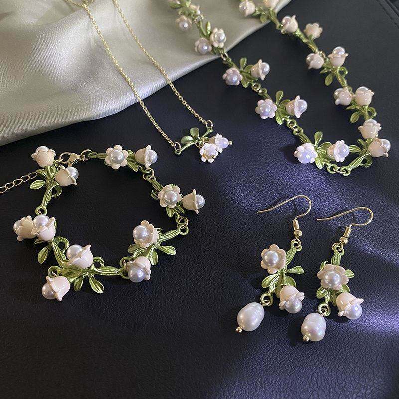茉莉花手串白色铃兰花耳环+手链+项链~超仙森系春季新款耳钉少女i