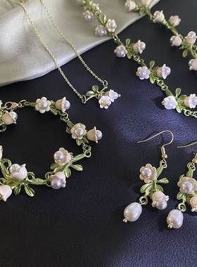 茉莉花手串白色铃兰花耳环+手链+项链~超仙森系春季新款耳钉少女i