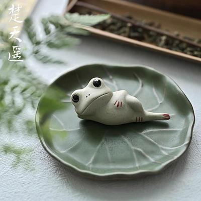 禅意佛系陶瓷荷叶莲叶小青蛙可养小茶宠茶室茶桌装饰茶道配件摆件
