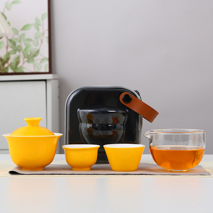 陶瓷旅行茶具瑞黄色釉户外便携式功夫茶具盖碗玻璃快客杯印刷logo