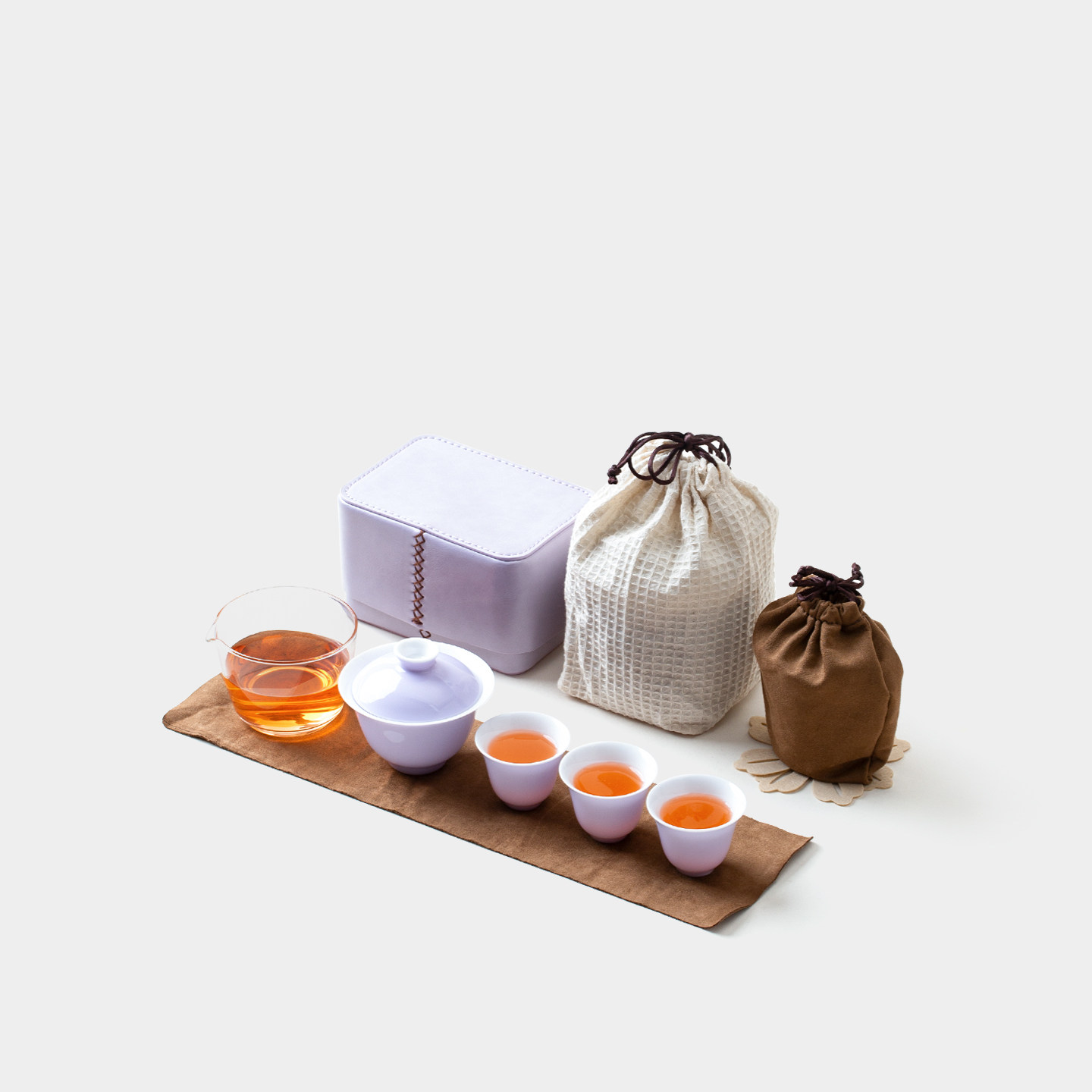嫩紫色釉旅行茶具配套皮包收纳羊脂玉一盖碗三杯高颜值户外饮茶器