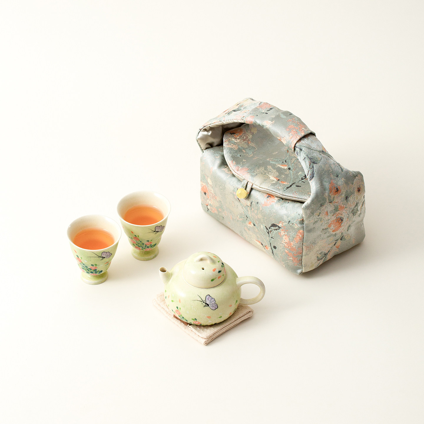 青青子矜旅行茶具女性茶具小清新套装手绘一壶两杯手提布包收纳袋