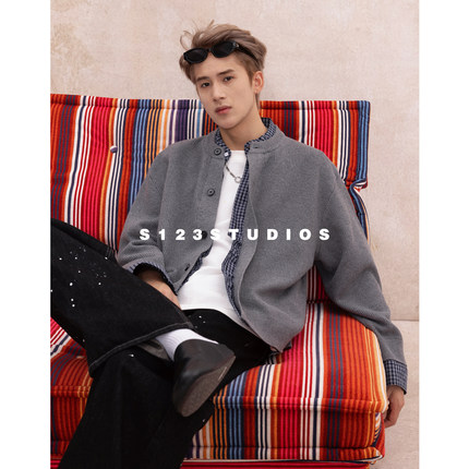 S123 秋季假两件格子拼接针织开衫毛衣老钱风休闲百搭情侣外套潮