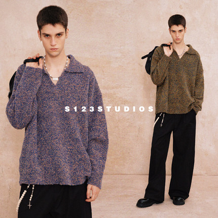 S123 高级感拉绒绵羊毛衣男2025冬季宽松休闲彩色针织衫外套上衣