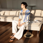 S123海岛度假风撞色竖纹针织镂空透视长袖 开衫 男早秋松弛感衬衣